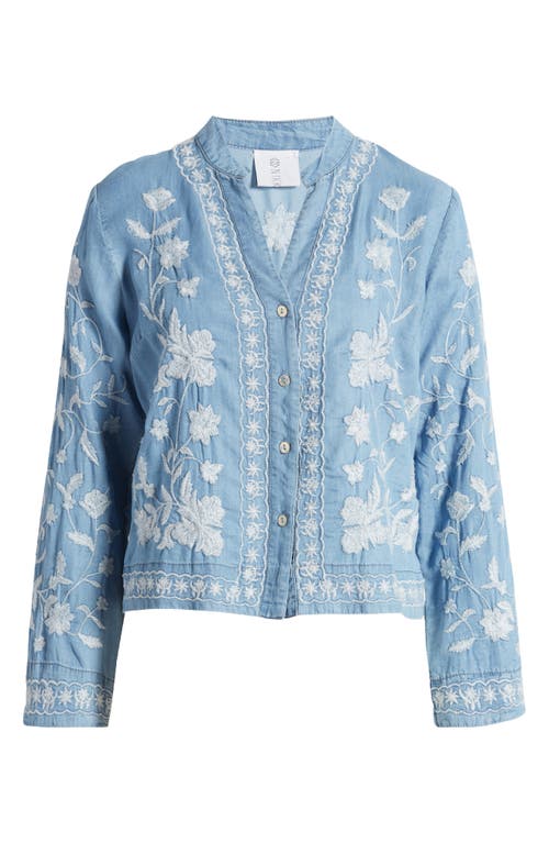 Madison Floral Embroidered Chambray Button-Up Shirt in Blue