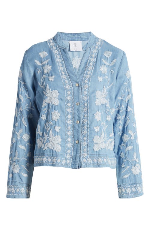 Shop Nikki Lund Madison Floral Embroidered Chambray Button-up Shirt In Blue
