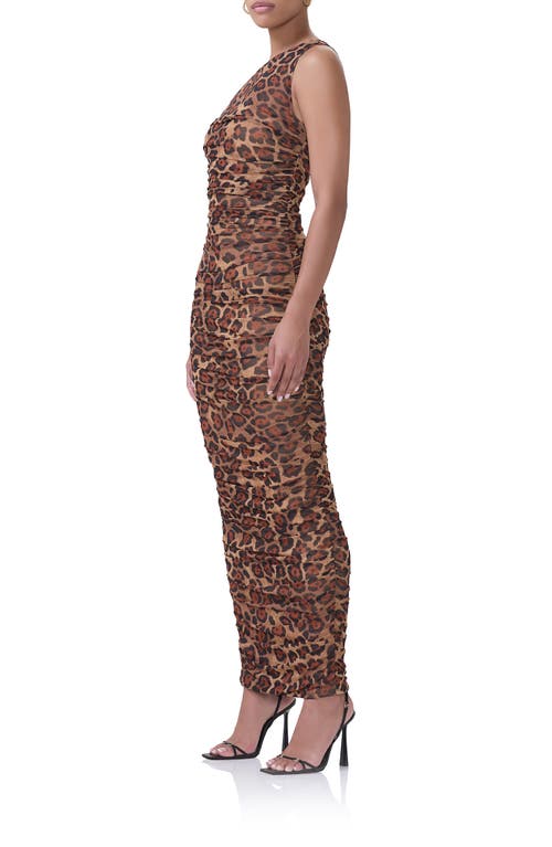 Shop Afrm Biona One-shoulder Ruched Mesh Maxi Dress In Cocoa Leopard