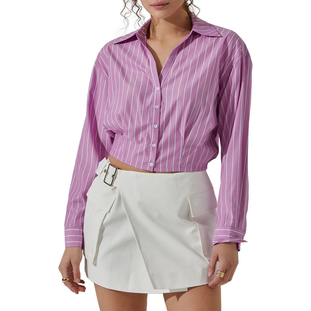 Astr The Label Pinstripe Cotton Crop Button-up Shirt In Purple