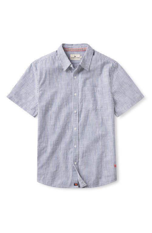 Shop The Normal Brand Lived In Short Sleeve Cotton Button-up Shirt In Navy Railroad Stripe