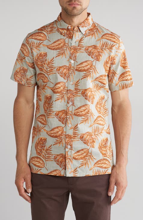 Slub Tropical Leaf Print Shirt