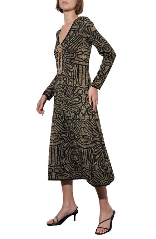 Shop Ming Wang Metallic Swirl Long Sleeve Maxi Dress In Black/gold