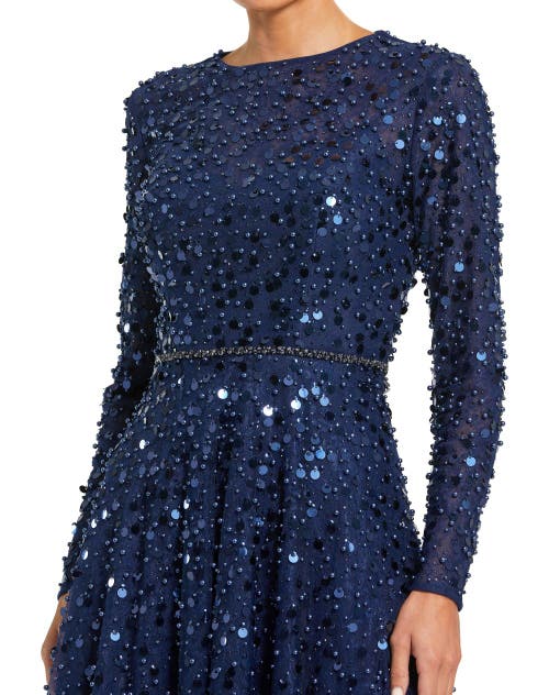 Mac Duggal Disc Embellished Sequin Gown With Feather Detail In Midnight