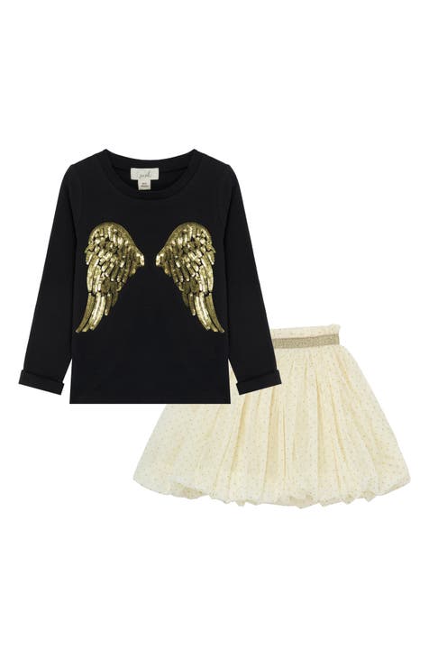 Kids' Sequin Angel Wings Long Sleeve Top & Bubble Skirt Set (Toddler & Little Kid)