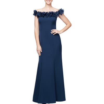 Petite Alex Evenings Floral Applique Off The Shoulder Trumpet Gown, Blue