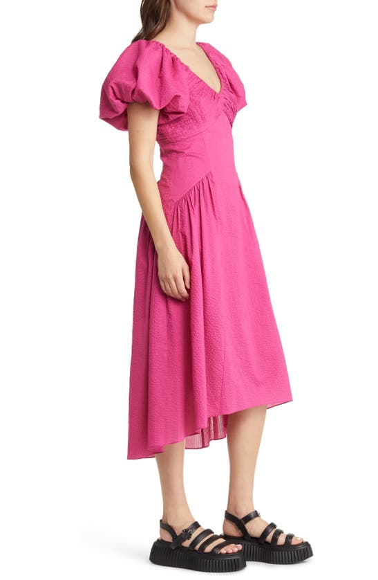 Shop Frame Puff Sleeve High-low Cotton Dress In Fuchsia