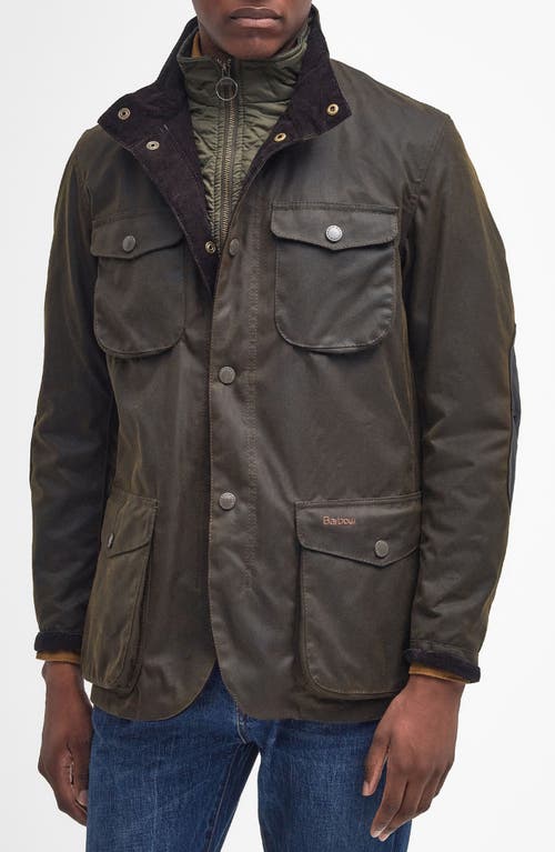 Shop Barbour Ogston Water Resistant Waxed Cotton Jacket With Removable Quilted Bib In Olive