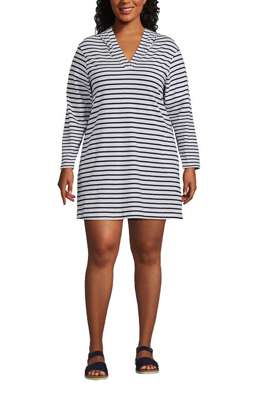 Shop Lands' End Plus Size Cotton Jersey Long Sleeve Hooded Swim Cover-up Dress In White/deep Sea Stripe