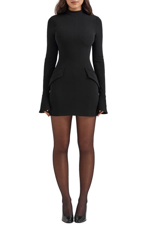 Fall Solid Sexy Slim Fit Double Slit High Neck Long Sleeve Ribbed Dress -  The Little Connection