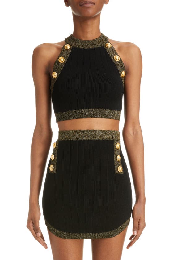 Balmain Golden Trim Six-button Knit Crop Top In Black/ Gold