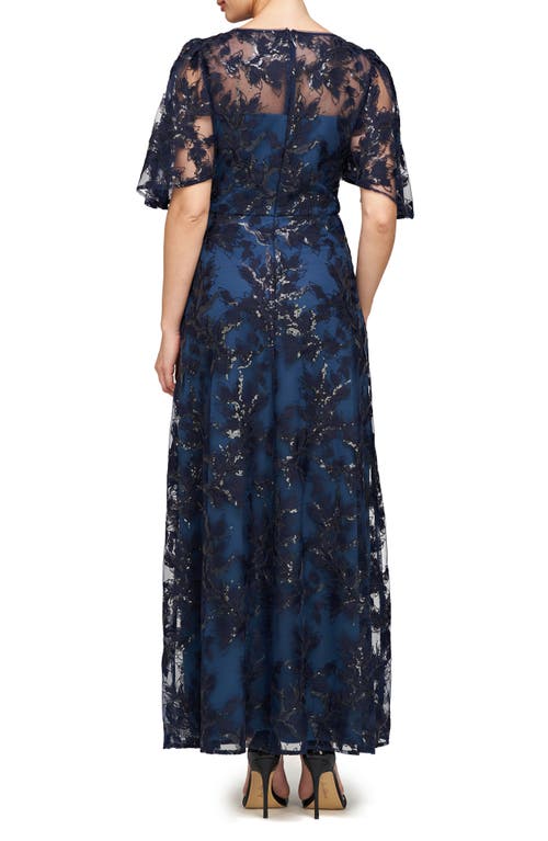 Shop Js Collections Eveline Sequin Floral Overlay Gown In Deep Navy/teal