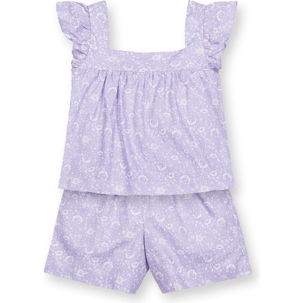 Hope & Henry Kids'  Girls' Flutter Sleeve Faux Top Pull-on Linen Romper, Infant In Purple