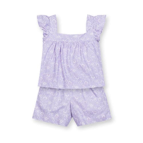Hope & Henry Kids'  Girls' Flutter Sleeve Faux Top Pull-on Linen Romper, Toddler In Lavender Fields Floral