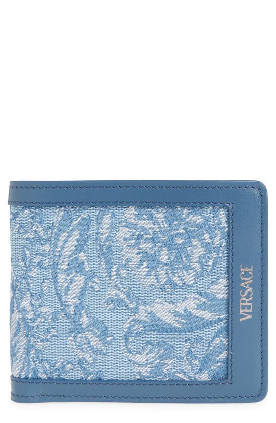 Versace Floral Jacquard & Leather Bifold Wallet In Blue Gentian Rutenium