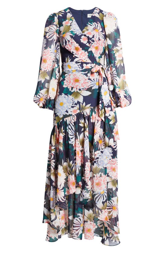 Eliza J Floral Long Sleeve Highlow Faux Wrap Dress In Navy Multi