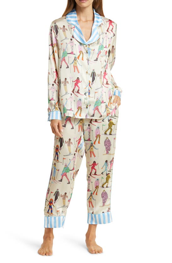 Karen Mabon Printed Satin Pajama Set In Cream