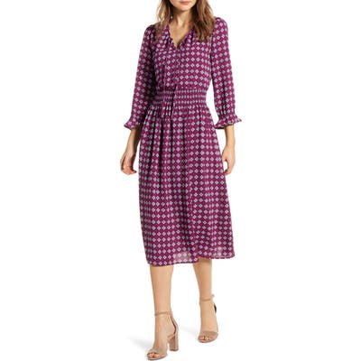 Bobeau Print Smocked Midi Dress, Purple