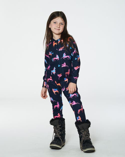 Shop Deux Par Deux Little Girl's One Piece Thermal Underwear Navy Printed Unicorn In Printed Unicorns