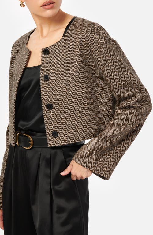 Shop Cami Nyc Serrano Sequin Wool Blend Herringbone Crop Jacket In Black And Tan