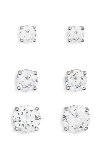 Nordstrom Rack Set Of 3 Cz Stud Earrings In Clear- Silver