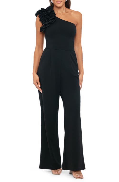 Xscape Evenings Ruffle One-Shoulder Scuba Crepe Jumpsuit Black at Nordstrom,