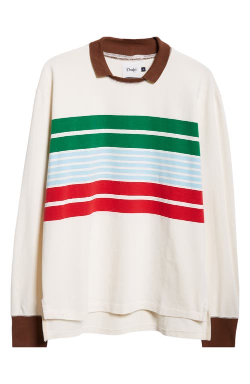 Long Sleeve Stripe Cotton Rugby T-Shirt in White Green And Blue