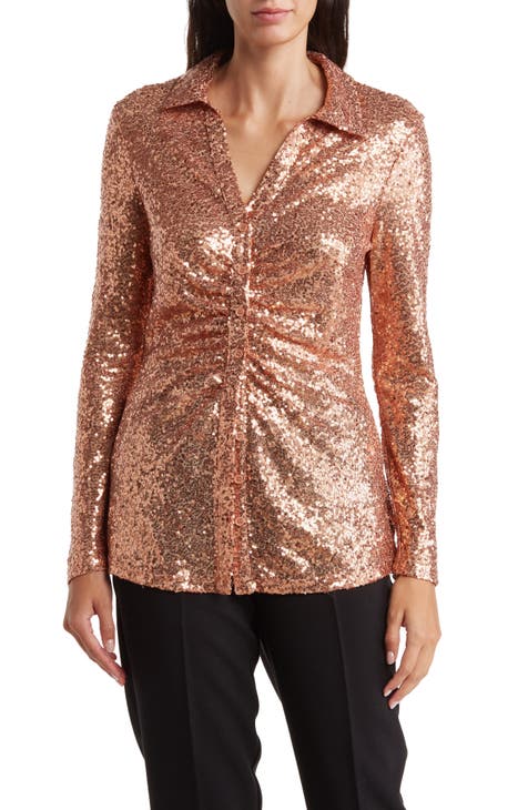 Sequin Ruched Long Sleeve Button-Up Shirt