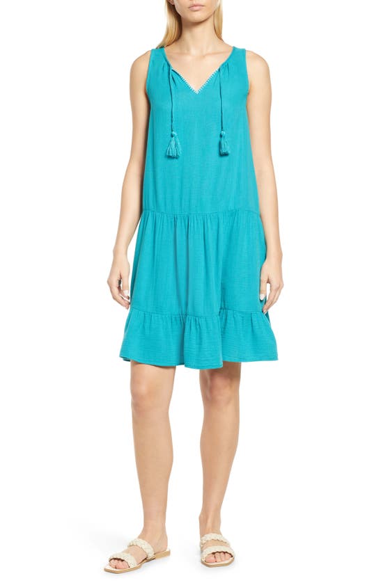 Nic + Zoe Tiered Double Gauze Dress In Aqua Surf