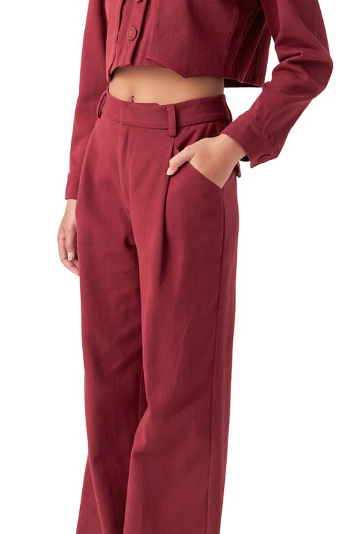 Shop English Factory Pleated High Waist Cotton Wide Leg Pants In Burgundy