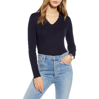 1901 Scallop Trim V-Neck Sweater, Blue