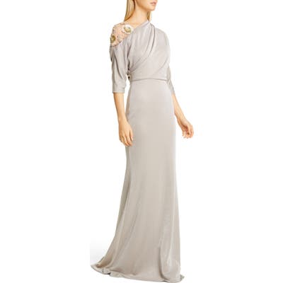 Badgley Mischka Floral Beaded Asymmetrical Shimmer Gown, Beige