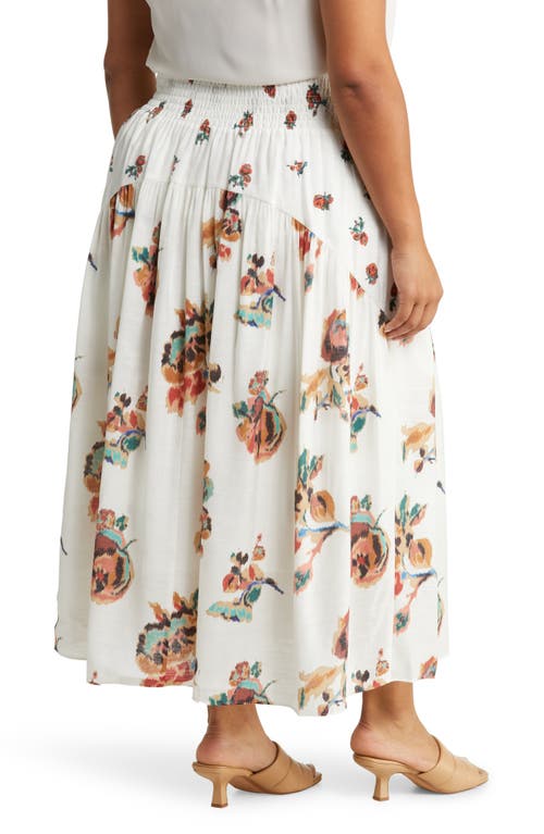 Vince Ikat Smocked Floral Print Skirt In Optic White