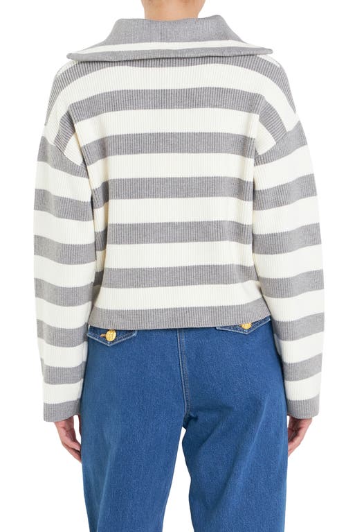 English Factory Stripe Half Zip Crop Sweater In Grey/ Ivory
