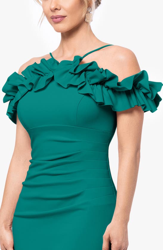 Shop Xscape Evenings Ruffle Off The Shoulder Scuba Crepe Sheath Dress In Green