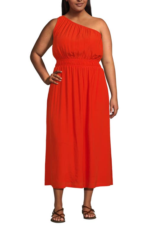 Shop Lands' End Petite One Shoulder Crepe Midi Dress In Rich Persimmon