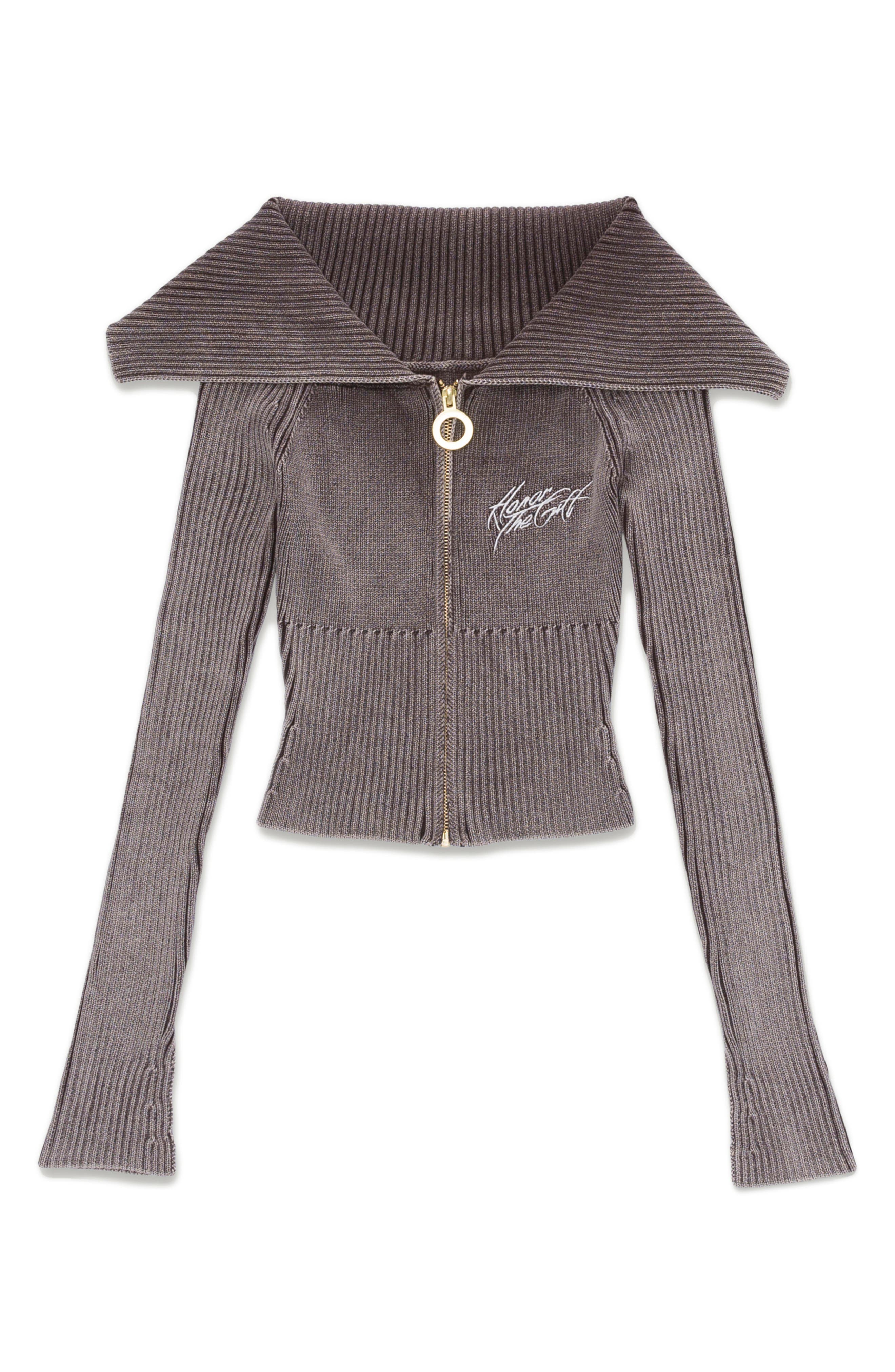 HONOR THE GIFT Shawl Collar Zip Cardigan in Brown 