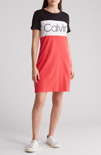 Shop Calvin Klein Colorblock Logo T-shirt Dress In Black/white/watermelon