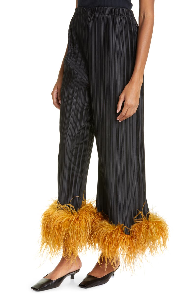 Dauphinette Party Pants Feather Trim Pleated Wide Leg Pants | Nordstrom