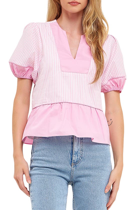 Shop English Factory Contrast Stripe Puff Sleeve Top In Pink Multi