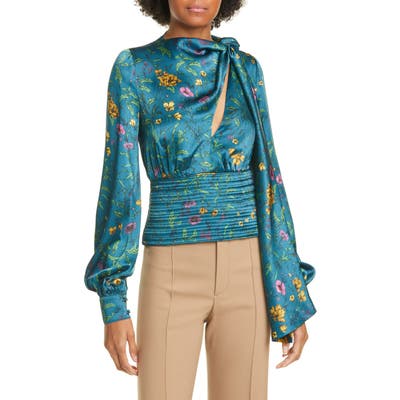 Amur Ray Tie Neck Floral Print Silk Top, Blue/green