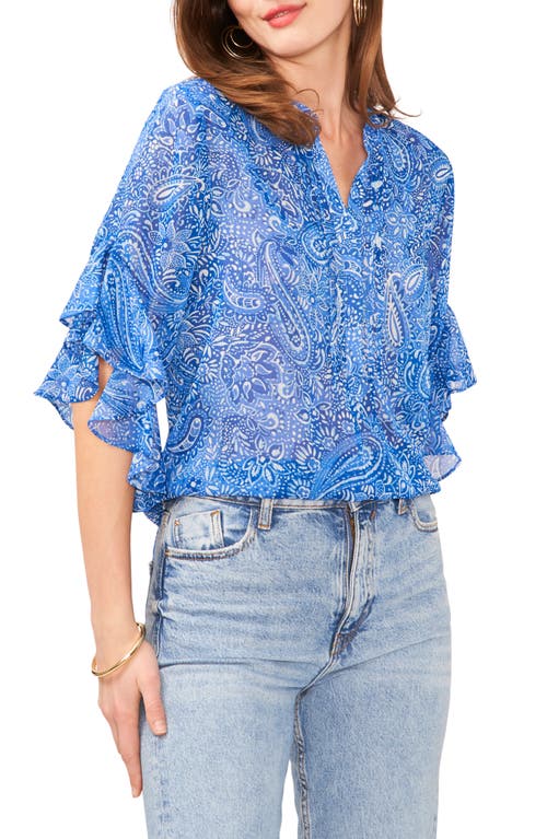 Vince Camuto Metallic Paisley Flutter Sleeve Top Sapphire Blue at Nordstrom,