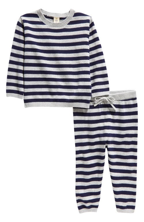 Tucker + Tate Spongy Stripe Cotton Sweater & Sweatpants Set in Navy Peacoat- Grey Stripe