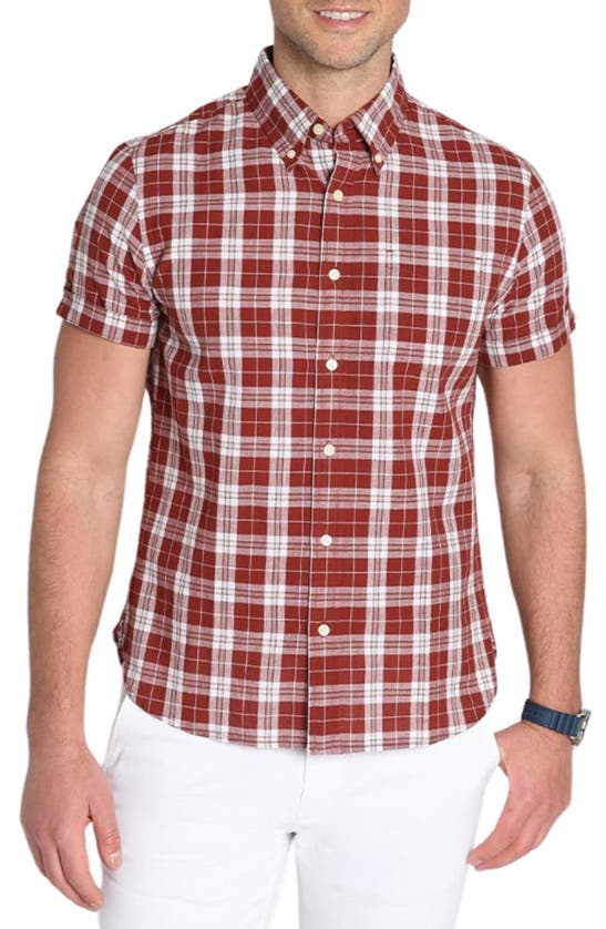 Shop Jachs Madras Plaid Short Sleeve Cotton Button-down Shirt In Burgundy Plaid Madras