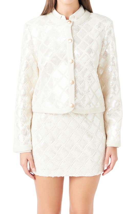 Shop Endless Rose Sequin Patchwork Knit Jacket In Ivory