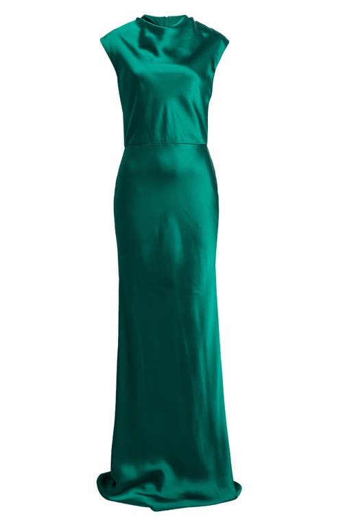 Amsale High Cowl Neck Satin Gown In Emerald