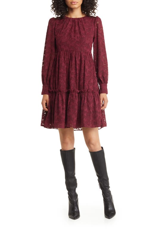 Eliza J Floral Lace Long Sleeve Tiered Dress in Wine
