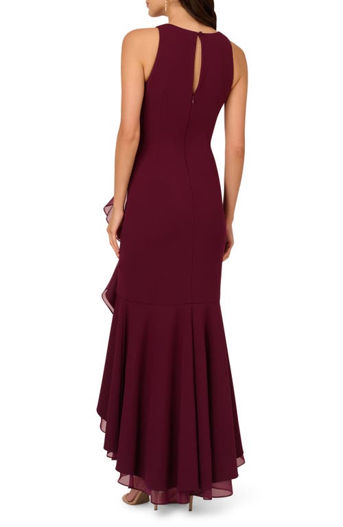 Shop Adrianna Papell Ruffle Crepe High-low Gown In Cabernet