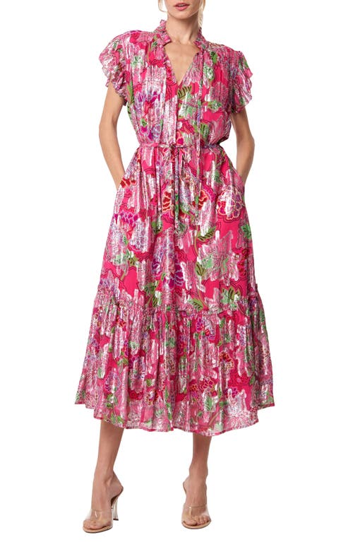 Hilma Metallic Floral Print Maxi Dress in Pink