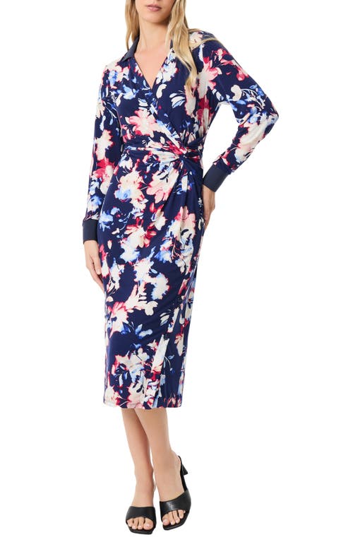 Shop Jones New York Floral Long Sleeve Collared Faux Wrap Midi Dress In Pacific Navy Multi